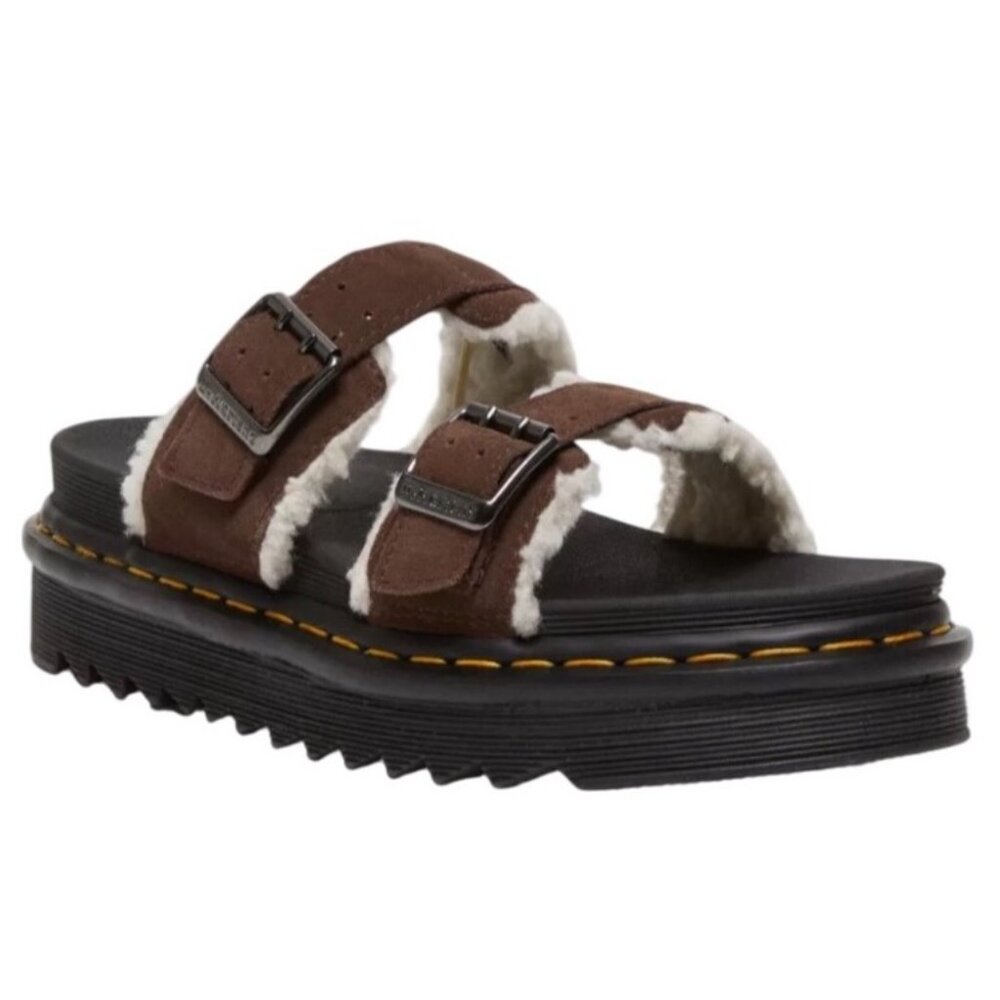 Dr. Martens Myles Suede Fur-Lined Buckle Slide Sandals – Dark Brown Size 6 New